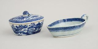 Small Canton Tureen and Cover, in the 'Blue Willow' Pattern, and a Blue and White Sauce Boat