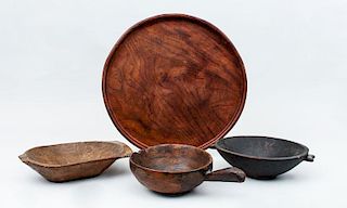 Wood Circular Tray and Three Wood Bowls