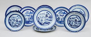 Assembled Group of Nine Canton Plates, in the 'Blue Willow' Pattern