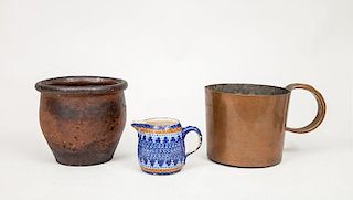 Large Copper Mug, a Brown Pottery Bowl, and a Glazed Spongeware Mug