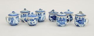 Assembled Group of Eight Canton Pots de Creme, in the 'Blue Willow' Pattern