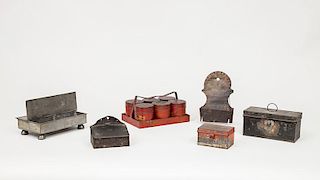 Group of Five Tôle Peinte Articles and a Pewter Ink Box