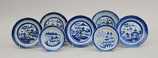 Eleven Canton Porcelain Plates, in the 'Blue Willow' Pattern
