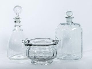 Engraved Glass Octagonal Decanter, a Ring-Neck Decanter and Stopper and a Glass Bowl