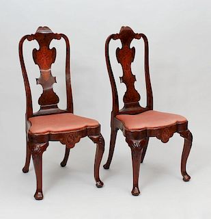 Pair of Dutch Rococo Style Walnut and Fruitwood Marquetry Side Chairs