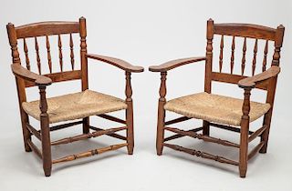 Pair of English Oak Rush-Seat Armchairs