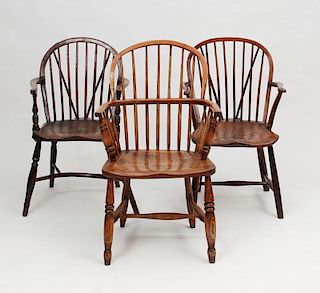 Miscellaneous Group of Three Windsor Oak and Elm Hoop Back Armchairs