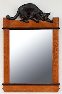 Oak and Ebonized Wood Mirror with Black Cat Crest
