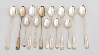 Set of Five Federal Monogrammed Silver Coffee Spoons and a Set of Eight American Monogrammed Silver Iced Tea Spoons, in the 'Fiddle, Shell and Thread'