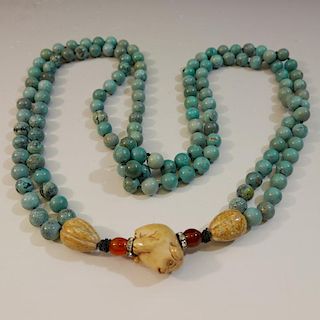 IMPRESSIVE TURQUOISE BEADS AND CARVED DOG NECKLACE 上等绿松石雕狗项链