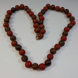RARE LARGE ASIAN CARVED LACQUER BEADS NECKLACE 罕见的大型亚洲雕漆朝珠项链