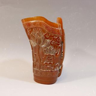 ANTIQUE CHINESE CARVED HORN LIBATION CUP 中国古代酒杯
