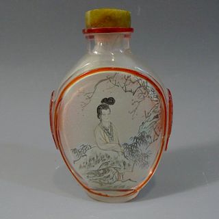 ANTIQUE CHINESE INTERIOR PAINTED GLASS SNUFF BOTTLE REPUBLIC PERIOD 古色古香的中国内绘玻璃鼻烟壶，民国时期