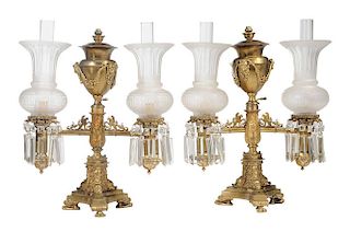 Pair Two-Arm Bronze and Brass Argand Lamps