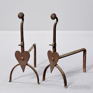 Pair of Wrought Iron Heart-decorated Andirons