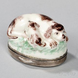 Silver-mounted Porcelain Snuff Box with Dog and Nursing Pup Motif
