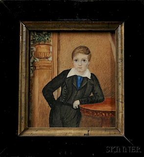 American School, Mid-19th Century      Three-quarter Length Portrait Miniature of a Boy in a Black Suit