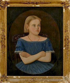 American School, 19th Century      Portrait of a Girl in a Blue Dress Seated in a Painted Chair