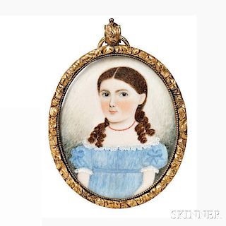American School, c. 1830-40      Portrait Miniature of a Girl in a Blue Dress