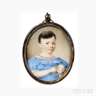American School, Probably Southern United States, c. 1830-40, Portrait Miniature of a Boy in a Blue Dress Holding a Sprig of Cotton, Un
