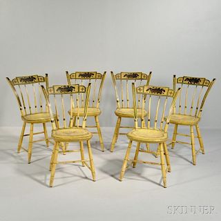 Set of Six Yellow Paint-decorated Dining Chairs