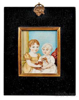 American School, Early 19th Century      Miniature Portrait of Two Girls and a Cat