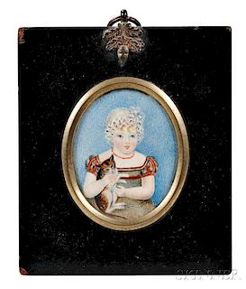 American School, Early 19th Century      Miniature Portrait of a Girl with a Cat