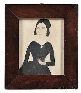 Jane A. Davis (Connecticut/Rhode Island, 1821-1855)      Portrait of a Woman in a Black Dress Holding a Red Book