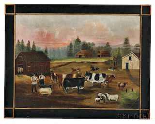 American School, 19th Century      Farmyard Scene with Livestock and Barn