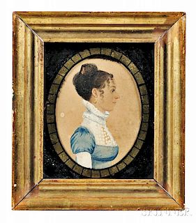 Rufus Porter (Connecticut/Massachusetts, 1792-1884)      Profile Portrait Miniature of a Woman in a Blue Dress