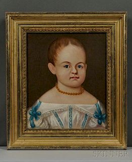 American School, 19th Century      Portrait of a Child in a Blue-ribboned White Dress