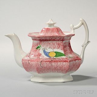 Red Spatterware Teapot with Peafowl Decoration
