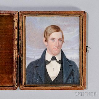 American School, 19th Century      Miniature Portrait of a Man with a Lighthouse and Sailing Ships