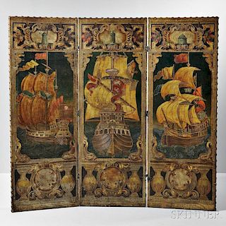 Embossed and Polychrome Painted Leather Folding Screen from Thomas W. Lawson's Dreamworld   Estate, Scituate, Massachusetts