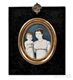American School, Early 19th Century      Miniature Portrait of a Woman and Child