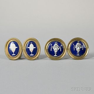 Two Pairs of Urn-decorated Battersea Enamel Mirror Posts