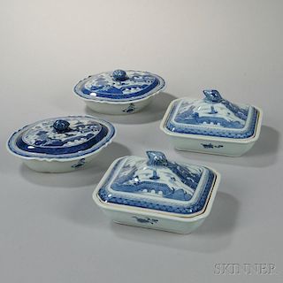 Two Pairs of Canton Export Porcelain Vegetables Dishes with Covers