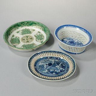 Canton Porcelain Reticulated Fruit Basket and Undertray, and Green Fitzhugh Porcelain Bowl