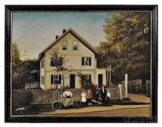 American School, Early 20th Century      House Portrait with Family in Front of White Picket Fence