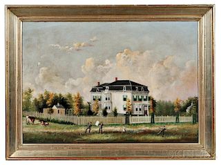 American School, Late 19th Century      Portrait of a White Mansard-roofed House with Family in Front Flying Kites
