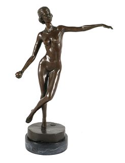 BRONZE NUDE SCULPTURE, WOMAN WITH BALL