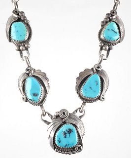 SIGNED NAVAJO STERLING TURQUOISE NECKLACE