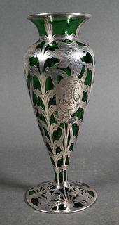 Antique Art Nouveau Glass Silver Vase
