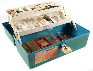 VINTAGE TACKLE BOX WITH LURES ETC.