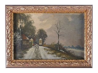 ANTIQUE EUROPEAN PAINTING SNOWY AT DUSK