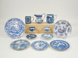 Group of 19th C. English Pearlware Dishes, Chinese Scenes.