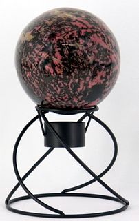 SPECIMEN. Rhodonite Sphere Sculpture on Stand.