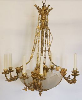Antique Gilt Bronze & Frosted Glass Chandelier.