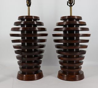 A Vintage Pair Of Wood Spiral Lamps.