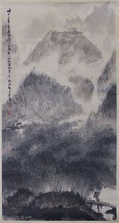 Signed Fu Bashi Chinese Landscape Scroll Painting.